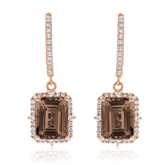 Suzy Levian Rose Sterling Silver Emerald Cut Smoky Quartz & White Topaz Halo Dangling Earrings