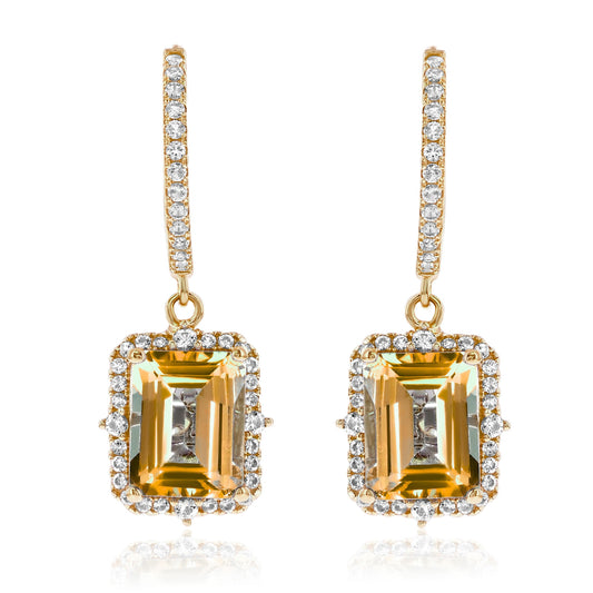 Suzy Levian Yellow Sterling Silver Emerald Cut Citrine & White Topaz Halo Dangling Earrings