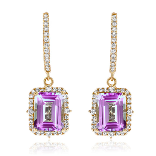 Suzy Levian Yellow Sterling Silver Emerald Cut Purple Amethyst & White Topaz Halo Dangling Earrings