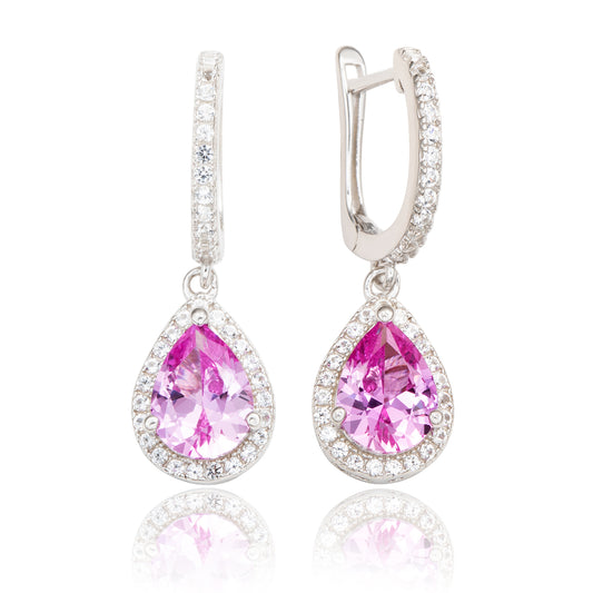 Suzy Levian Sterling Silver Pink Sapphire Pear Shape Halo Dangling Earrings