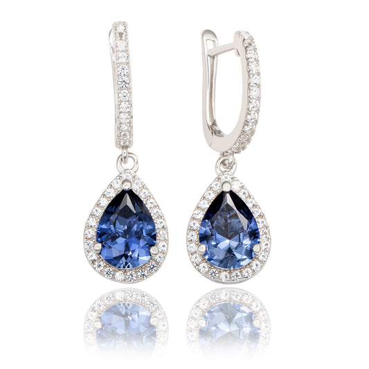 Suzy Levian Sterling Silver Blue Sapphire Pear Shape Halo Dangling Earrings
