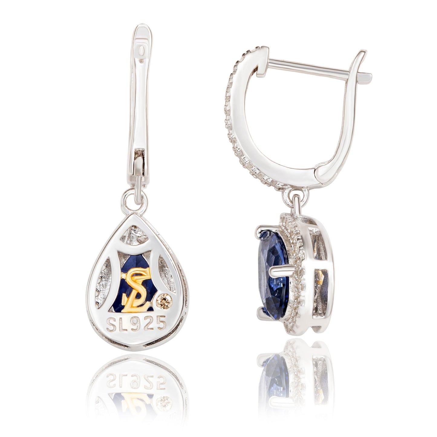 Suzy Levian Sterling Silver Blue Sapphire Pear Shape Halo Dangling Earrings