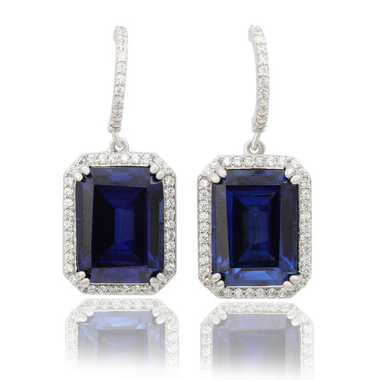 Suzy Levian Sterling Silver Emerald Cut Blue White Cubic Zirconia Halo Dangling Earrings