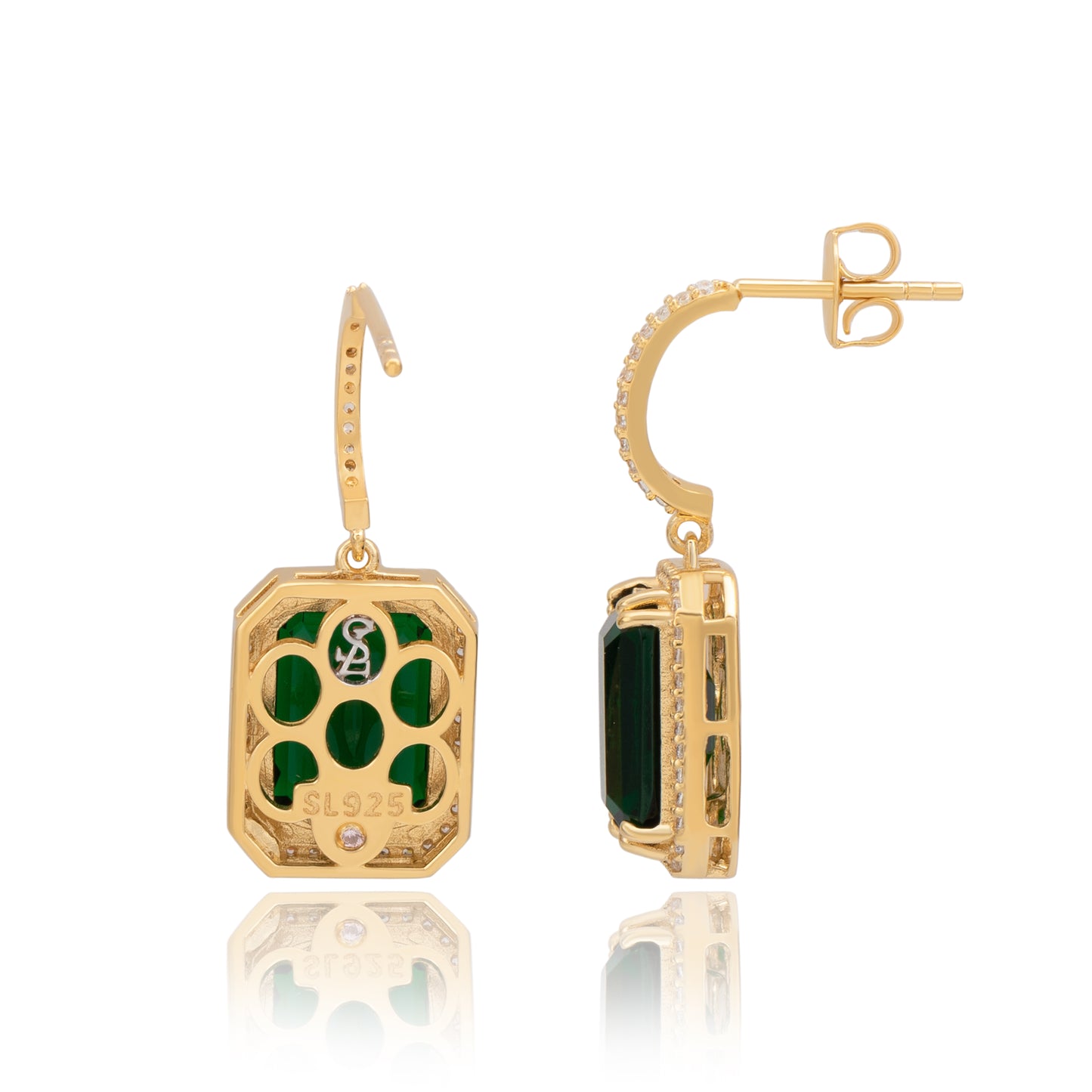 Suzy Levian Yellow Sterling Silver Emerald Cut Green White Cubic Zirconia Halo Dangling Earrings