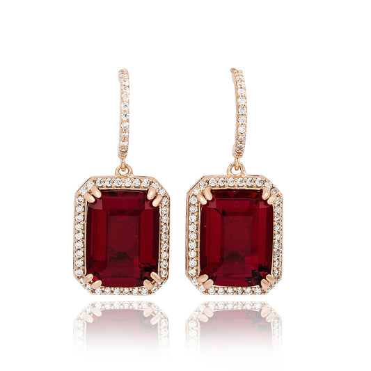 Suzy Levian Rose Sterling Silver Emerald Cut Red White Cubic Zirconia Halo Dangling Earrings