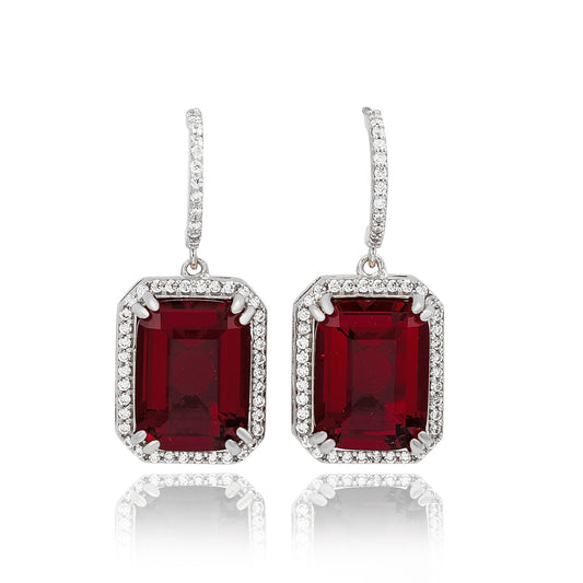 Suzy Levian White Sterling Silver Emerald Cut Red White Cubic Zirconia Halo Dangling Earrings