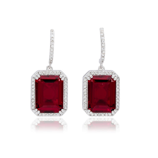Suzy Levian White Sterling Silver Emerald Cut Red White Cubic Zirconia Halo Dangling Earrings