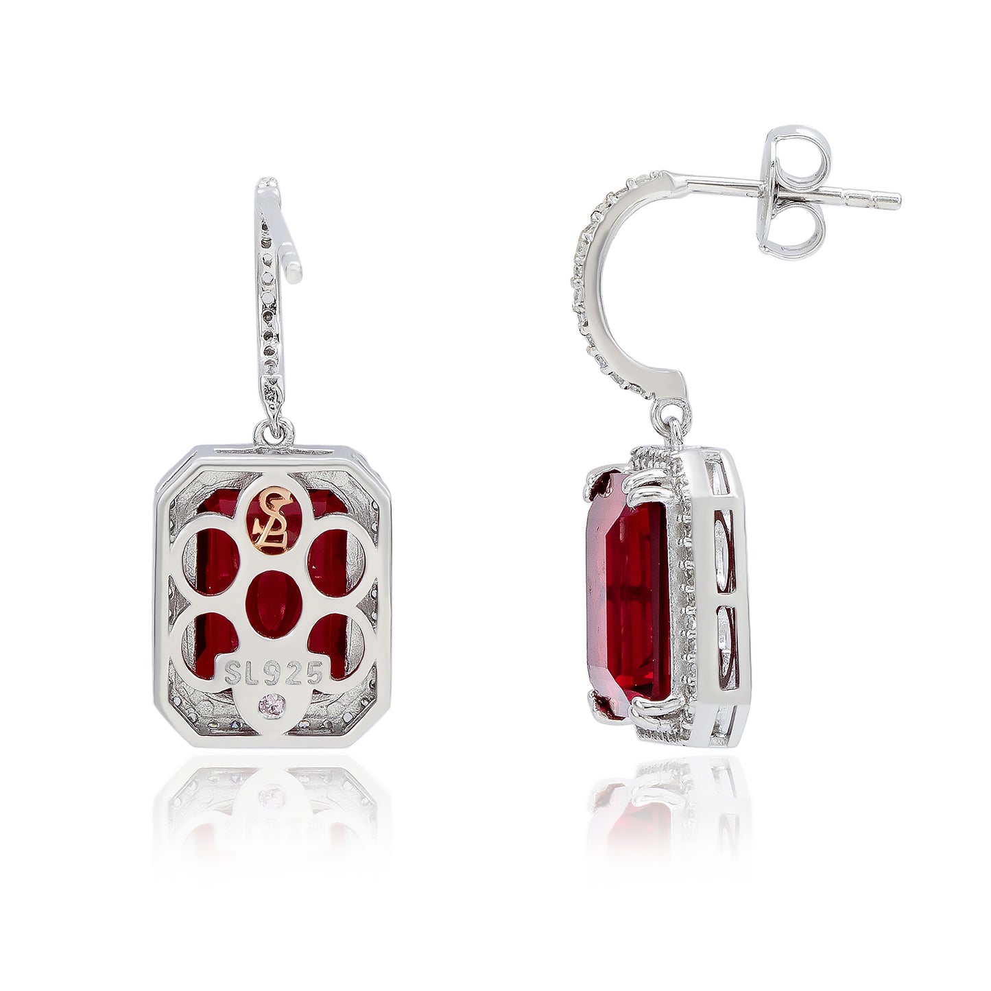Suzy Levian White Sterling Silver Emerald Cut Red White Cubic Zirconia Halo Dangling Earrings