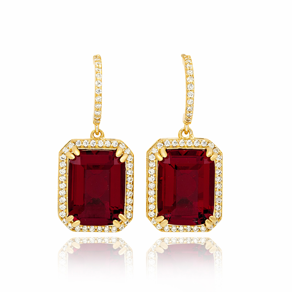Suzy Levian Yellow Sterling Silver Emerald Cut Red White Cubic Zirconia Halo Dangling Earrings