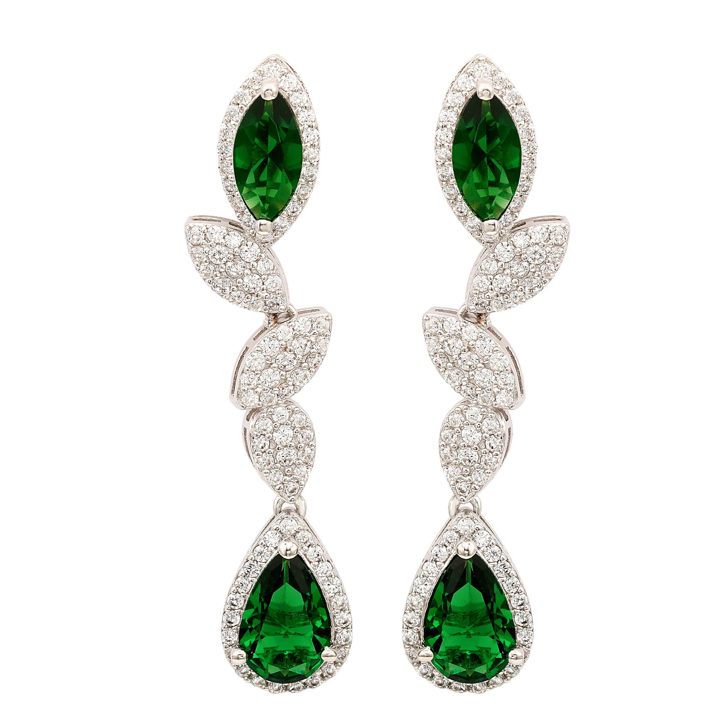 Suzy Levian Sterling Silver Green and White Cubic Zirconia Pear Marquise Shapes Drop Earrings