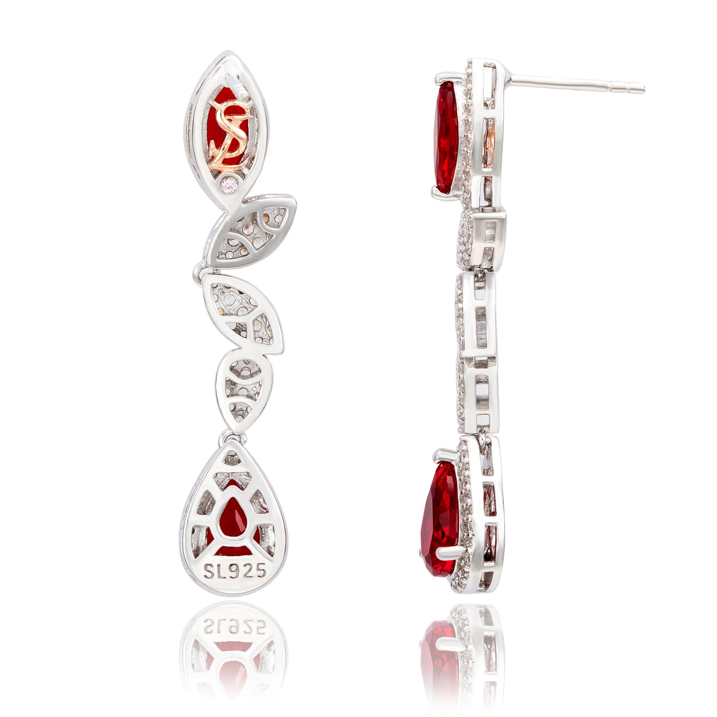 Suzy Levian Sterling Silver Red and White Cubic Zirconia Pear Marquise Shapes Drop Earrings