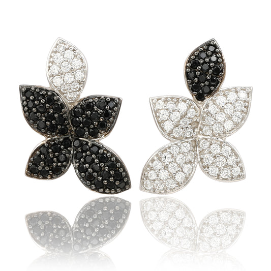Suzy Levian Sterling Silver Cubic Zirconia White & Black Flower Petal Earrings
