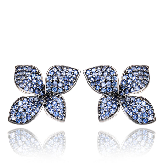 Suzy Levian Black Sterling Silver Blue Sapphire Flower Earrings