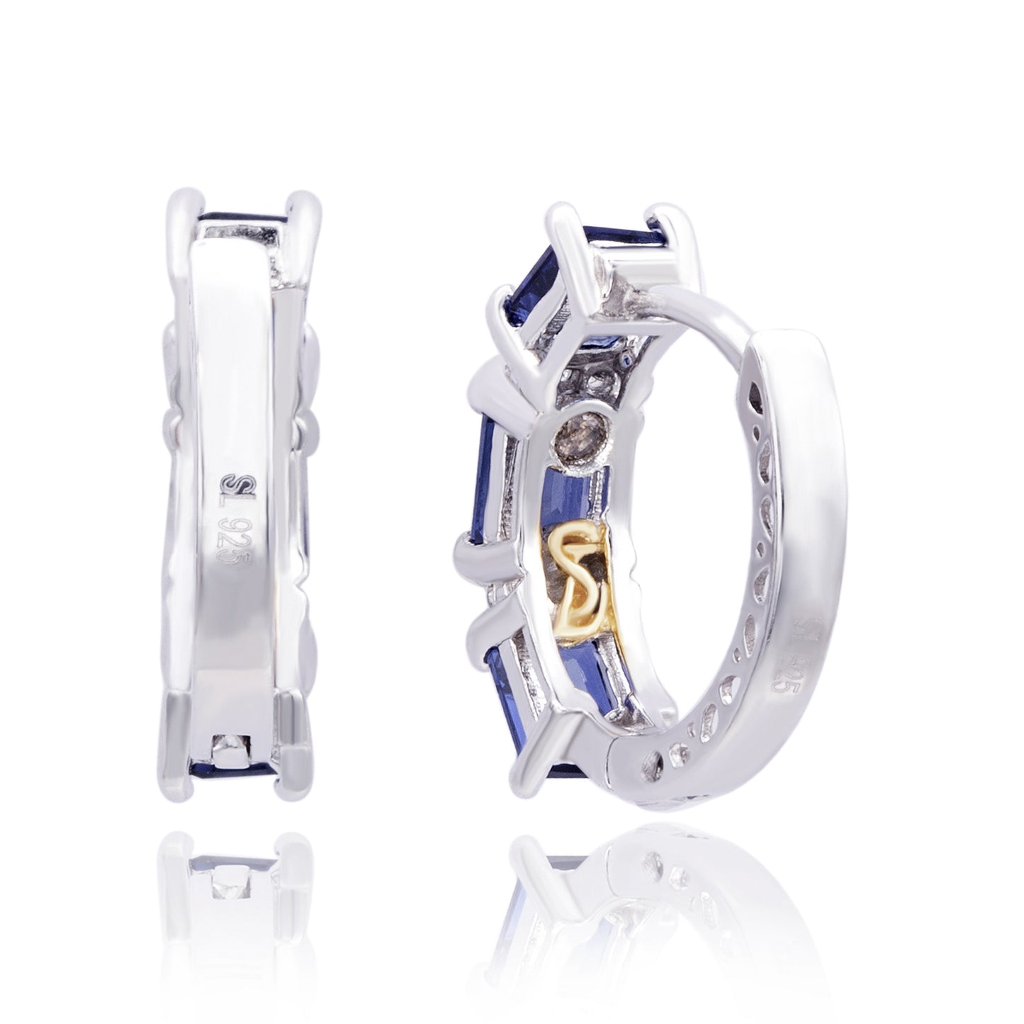 Suzy Levian Sterling Silver Emerald Cut Blue Sapphire and Diamond Accent Petite Hoop Earring