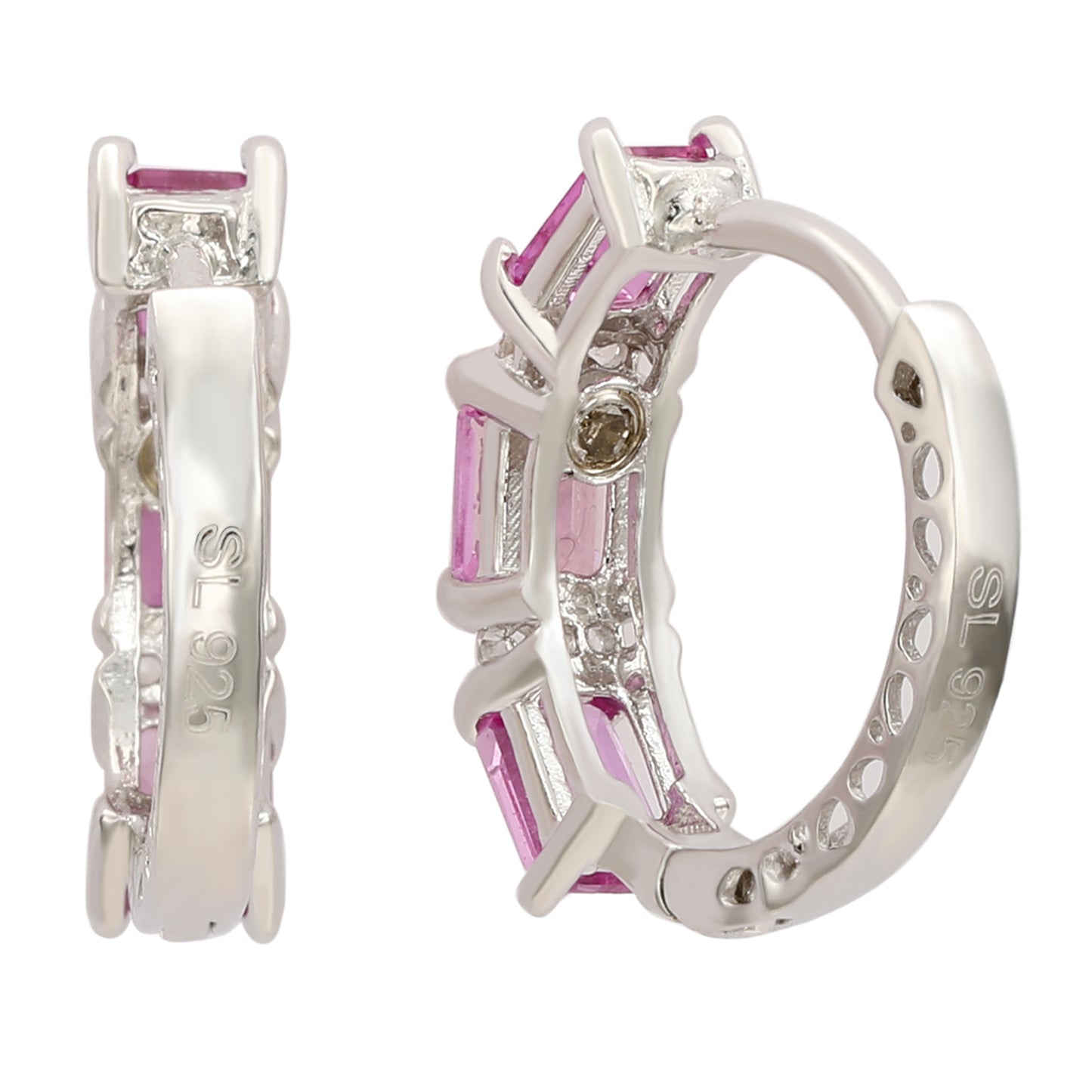 Suzy Levian Sterling Silver Emerald Cut Pink Sapphire and Diamond Accent Petite Hoop Earring