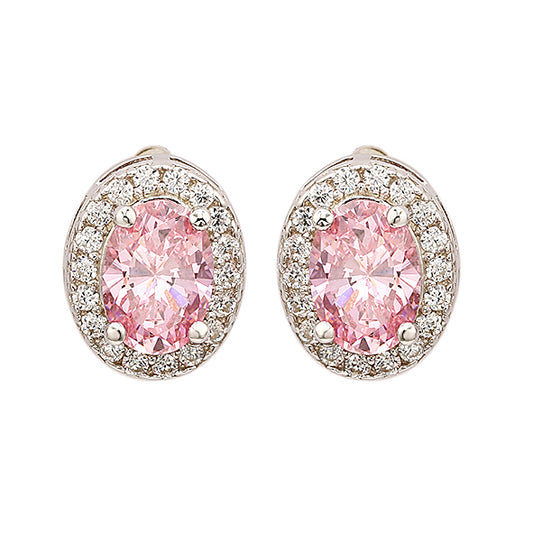 Suzy Levian Sterling Silver Oval Cut Pink Sapphire Halo Stud Earrings
