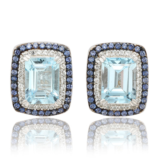 Suzy Levian Sterling Silver Emerald Cut Blue Topaz And Sapphire Accent Stud Earrings