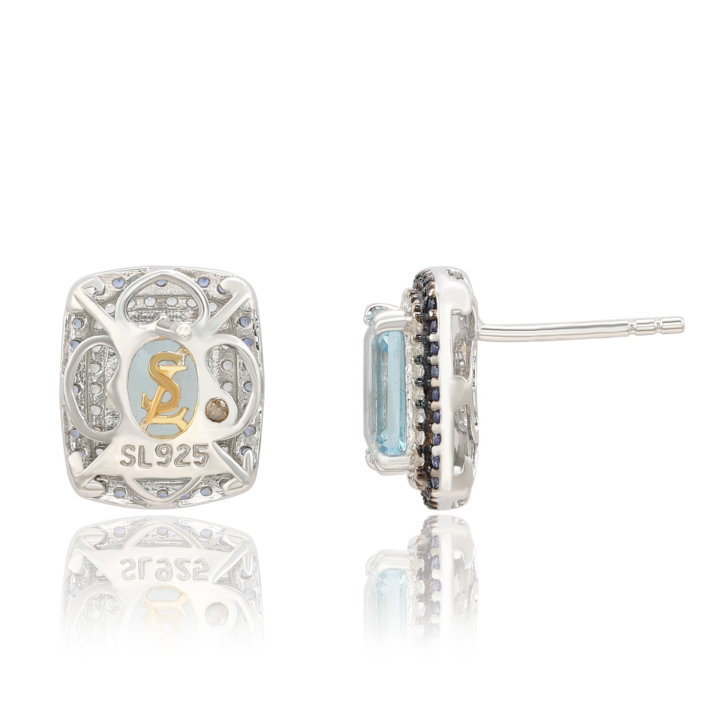 Suzy Levian Sterling Silver Emerald Cut Blue Topaz And Sapphire Accent Stud Earrings
