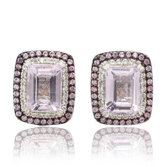 Suzy Levian Sterling Silver Emerald Cut Purple Amethyst And Pink Sapphire Accent Stud Earrings