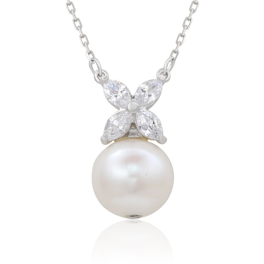 Suzy Levian Sterling Silver Pearl & White Sapphire Marquise Cluster Necklace
