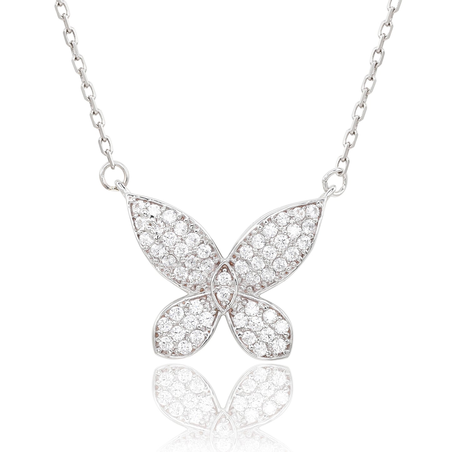 Suzy Levian White Sterling Silver White Cubic Zirconia  Pave Butterfly Necklace