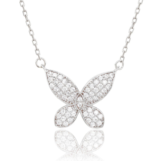 Suzy Levian White Sterling Silver White Cubic Zirconia  Pave Butterfly Necklace