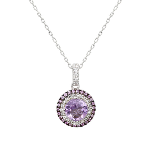 Suzy Levian Sterling Silver Round Cut Purple Amethyst And Sapphire Accent Pendant