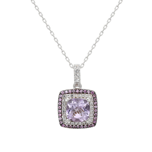 Suzy Levian Sterling Silver Cushion Cut Purple Amethyst And Sapphire Accent Pendant