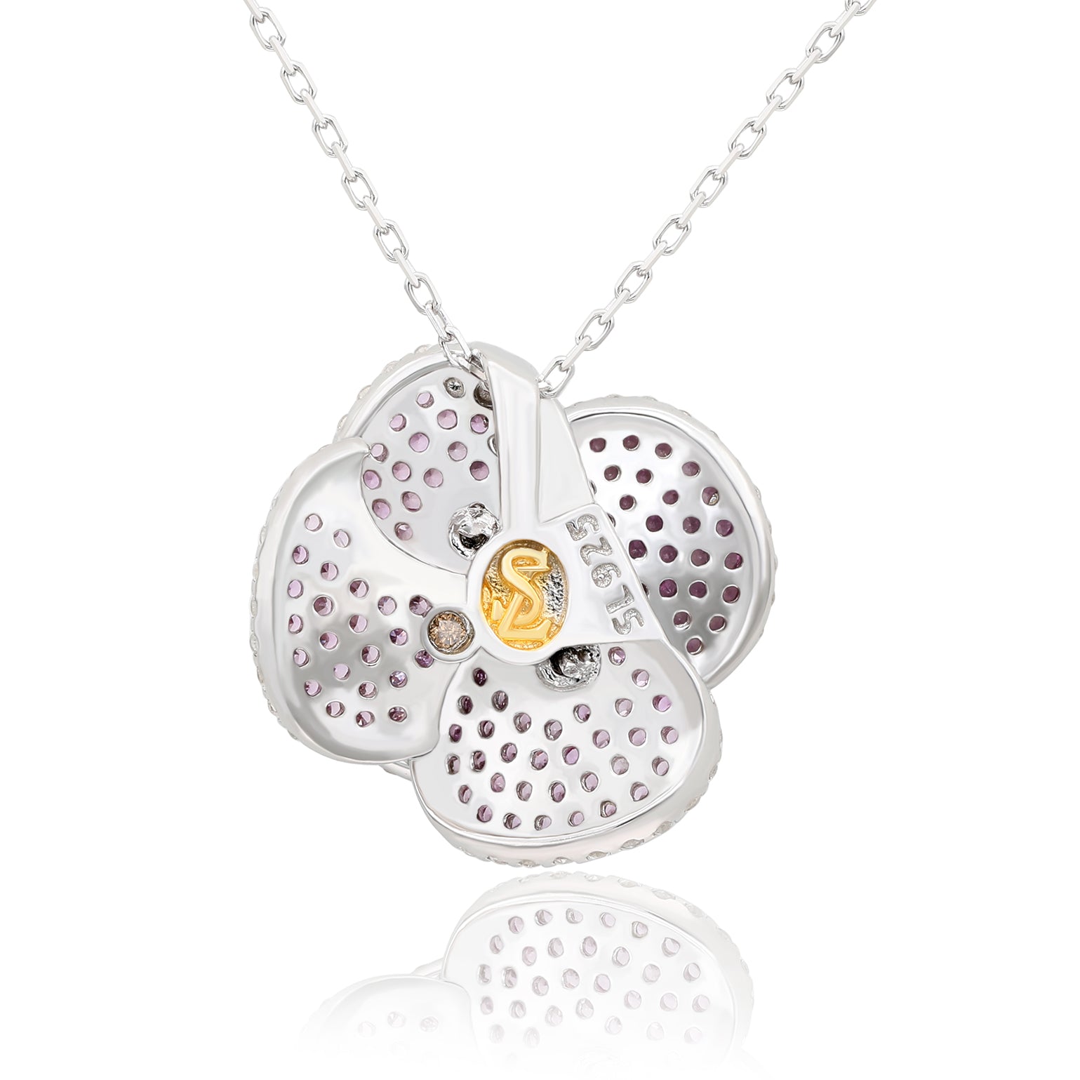 Suzy Levian Sterling Silver Pink Sapphire and Diamond Pave Peony Flower  Pendant with Chain