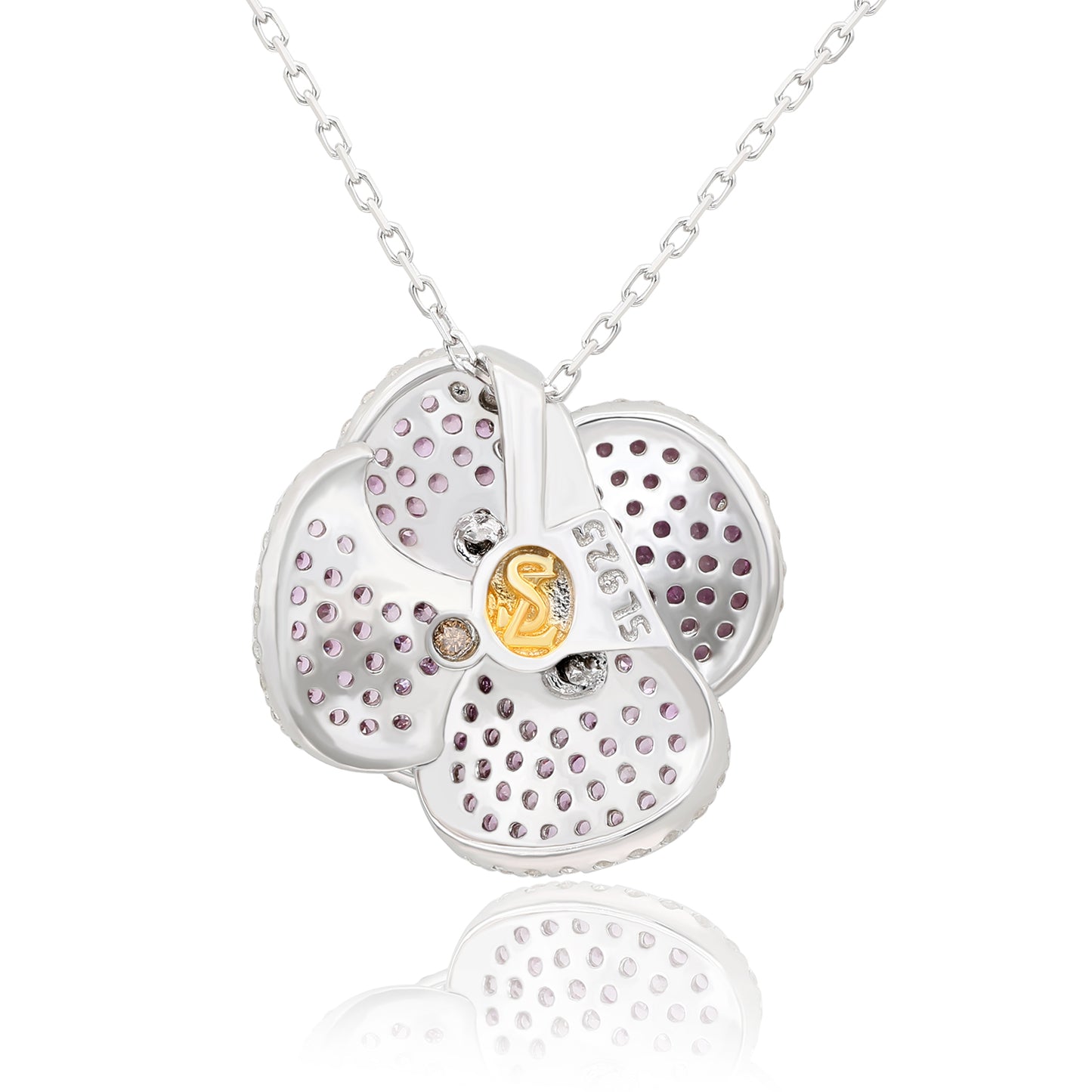 Suzy Levian Sterling Silver Pink Sapphire and Diamond Pave Peony Flower Pendant with Chain