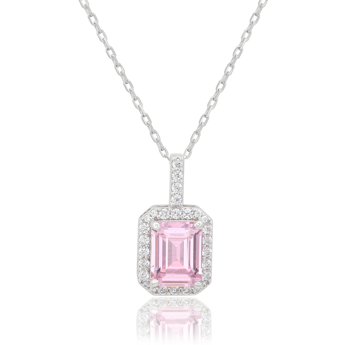 Suzy Levian Sterling Silver Emerald Cut Pink Sapphire Halo Pendant