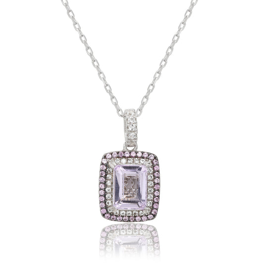 Suzy Levian Sterling Silver Emerald Cut Purple Amethyst And Pink Sapphire Accent Pendant