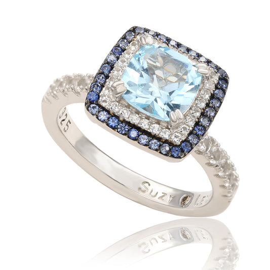 Suzy Levian Sterling Silver Cushion Cut Blue Topaz and Sapphire Accent Ring