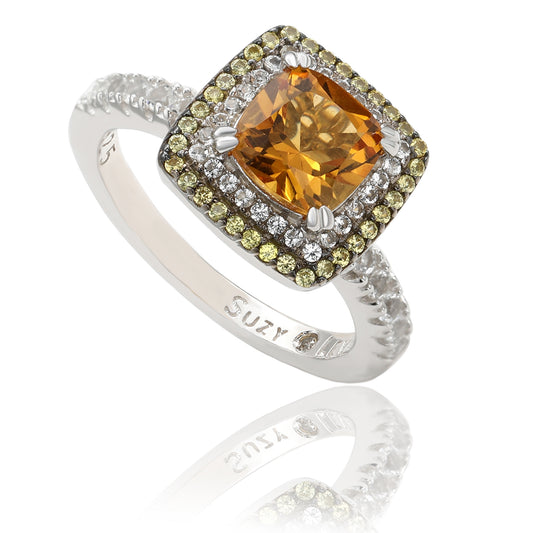 Suzy Levian Sterling Silver Orange Citrine Cushion Cut and Sapphire Ring