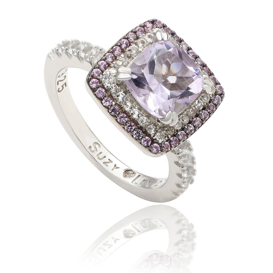 Suzy Levian Sterling Silver Purple Amethyst Cushion Cut and Sapphire Accent Ring