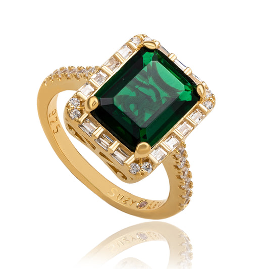 Suzy Levian Yellow Sterling Silver Large Emerald-Cut Green Cubic Zirconia and Baguette White Cubic Zirconia Halo Ring