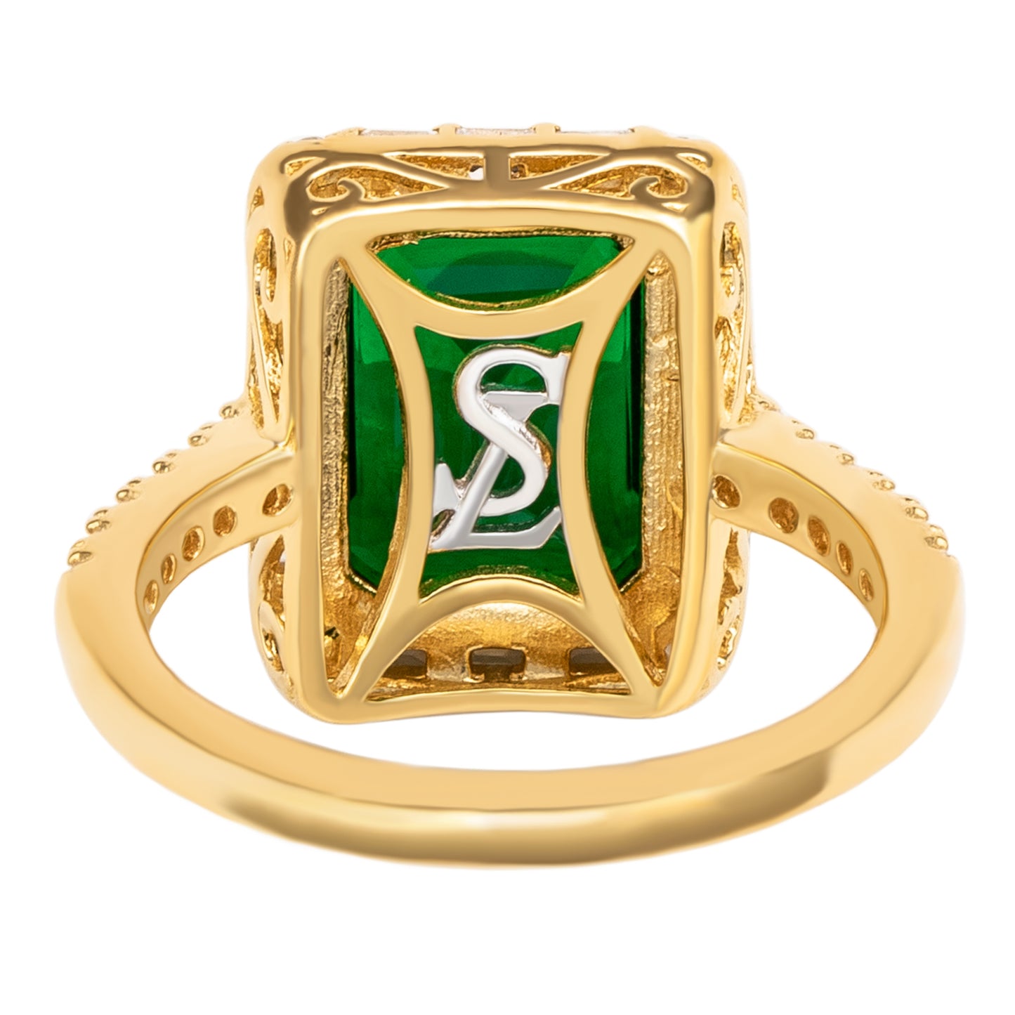 Suzy Levian Yellow Sterling Silver Large Emerald-Cut Green Cubic Zirconia and Baguette White Cubic Zirconia Halo Ring