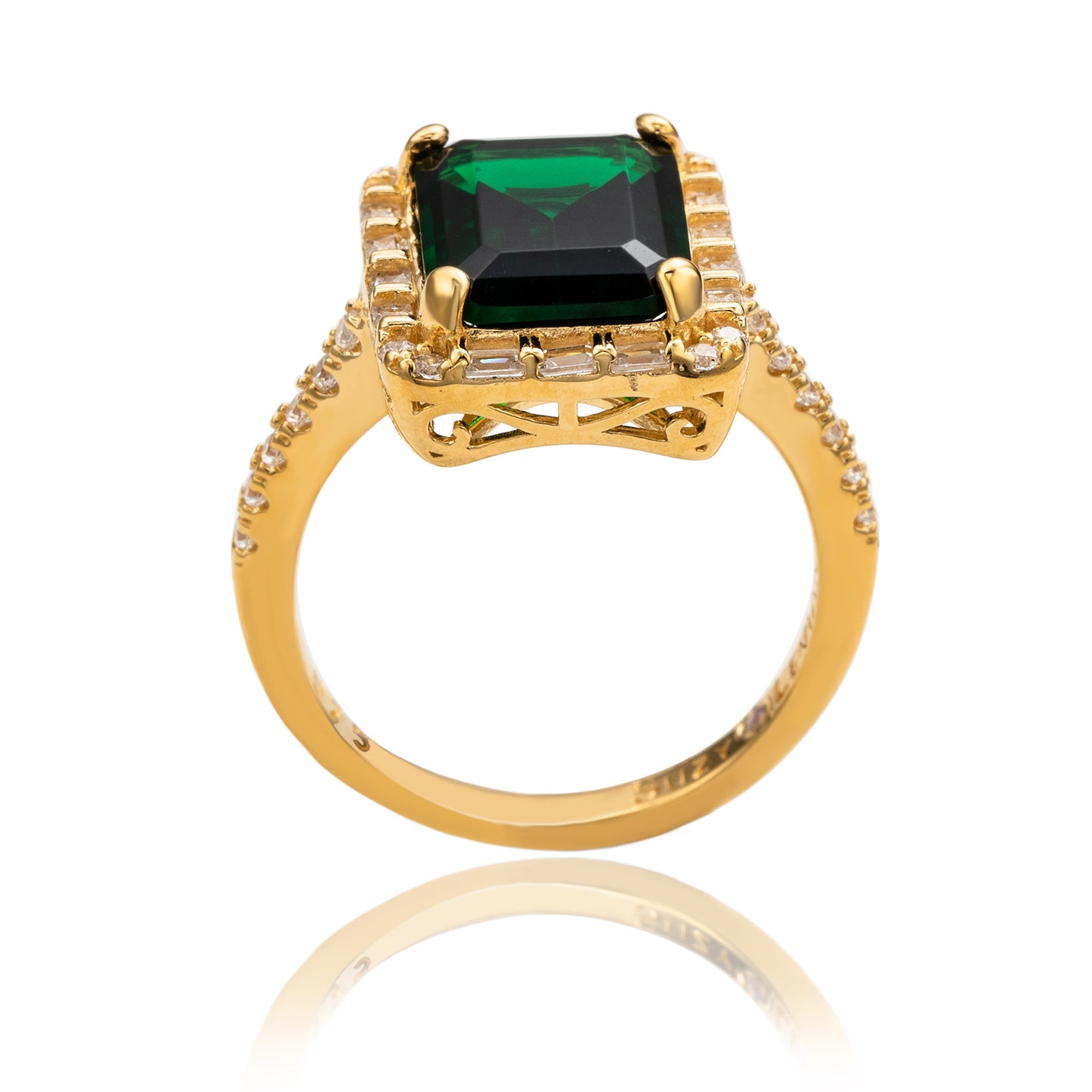 Suzy Levian Yellow Sterling Silver Large Emerald-Cut Green Cubic Zirconia and Baguette White Cubic Zirconia Halo Ring