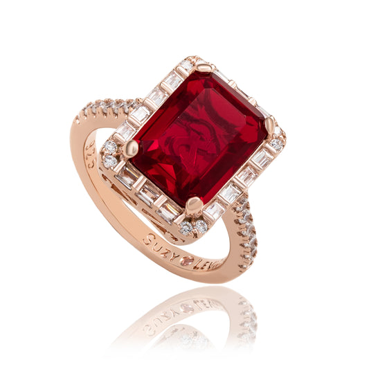 Suzy Levian Rose Sterling Silver Large Emerald-Cut Red Cubic Zirconia and Baguette White Cubic Zirconia Halo Ring