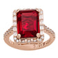 Suzy Levian Rose Sterling Silver Large Emerald-Cut Red Cubic Zirconia and Baguette White Cubic Zirconia Halo Ring