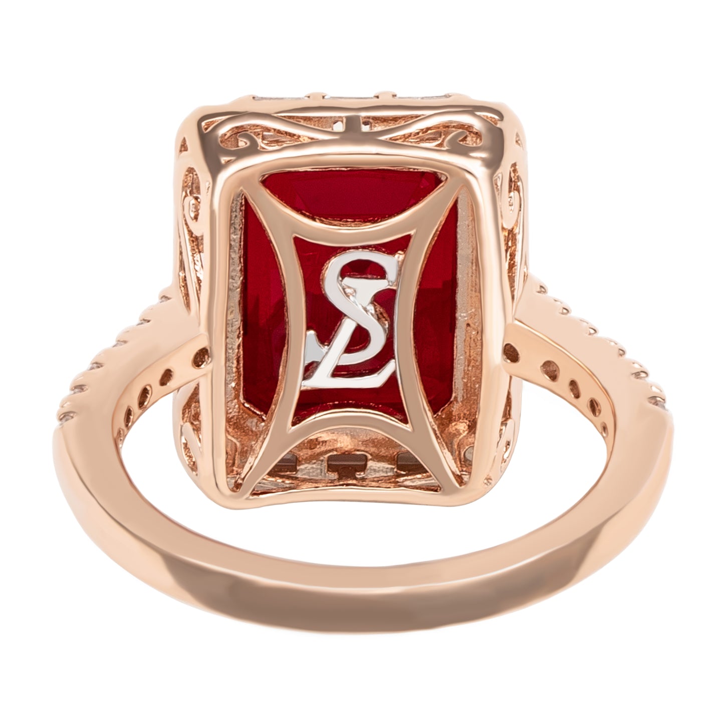 Suzy Levian Rose Sterling Silver Large Emerald-Cut Red Cubic Zirconia and Baguette White Cubic Zirconia Halo Ring