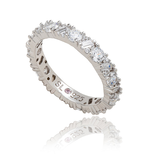 Suzy Levian Sterling Silver White Cubic Zirconia Round Baguette Alternating Eternity Band