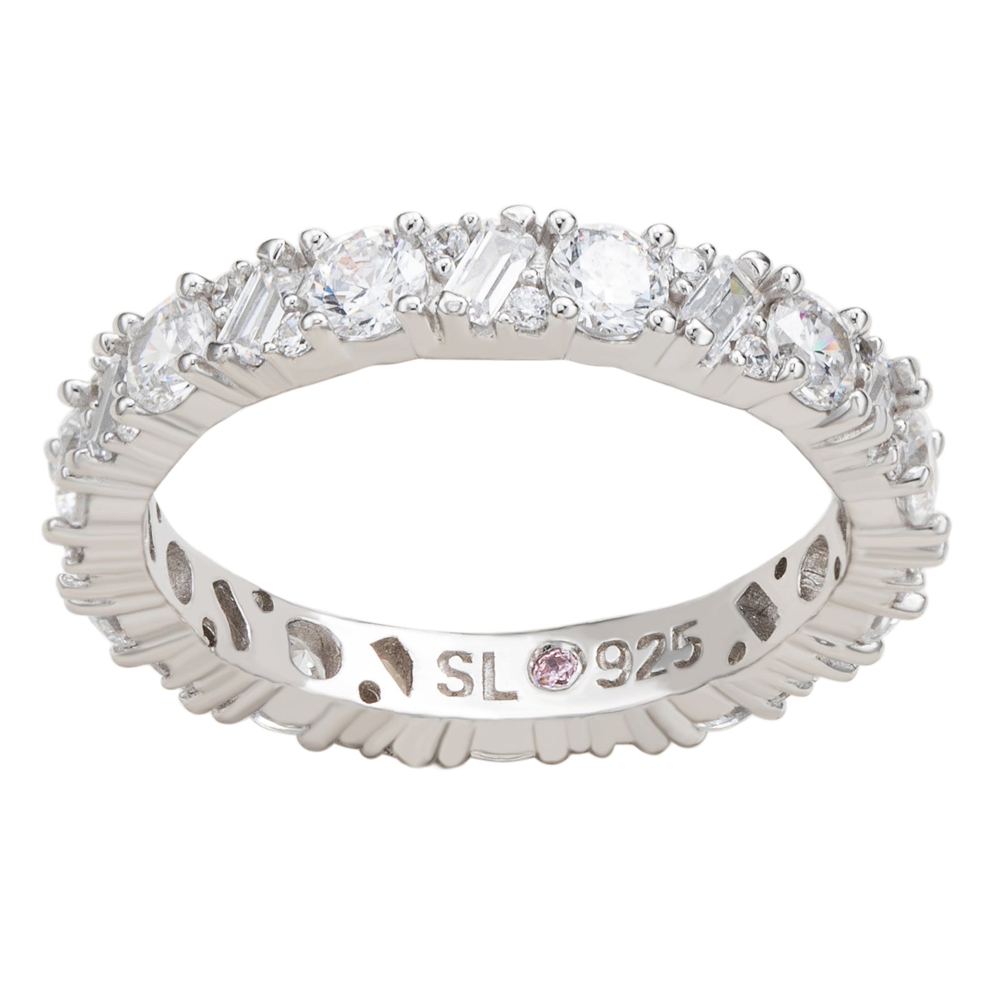 Suzy Levian Sterling Silver White Cubic Zirconia Round Baguette Alternating Eternity Band