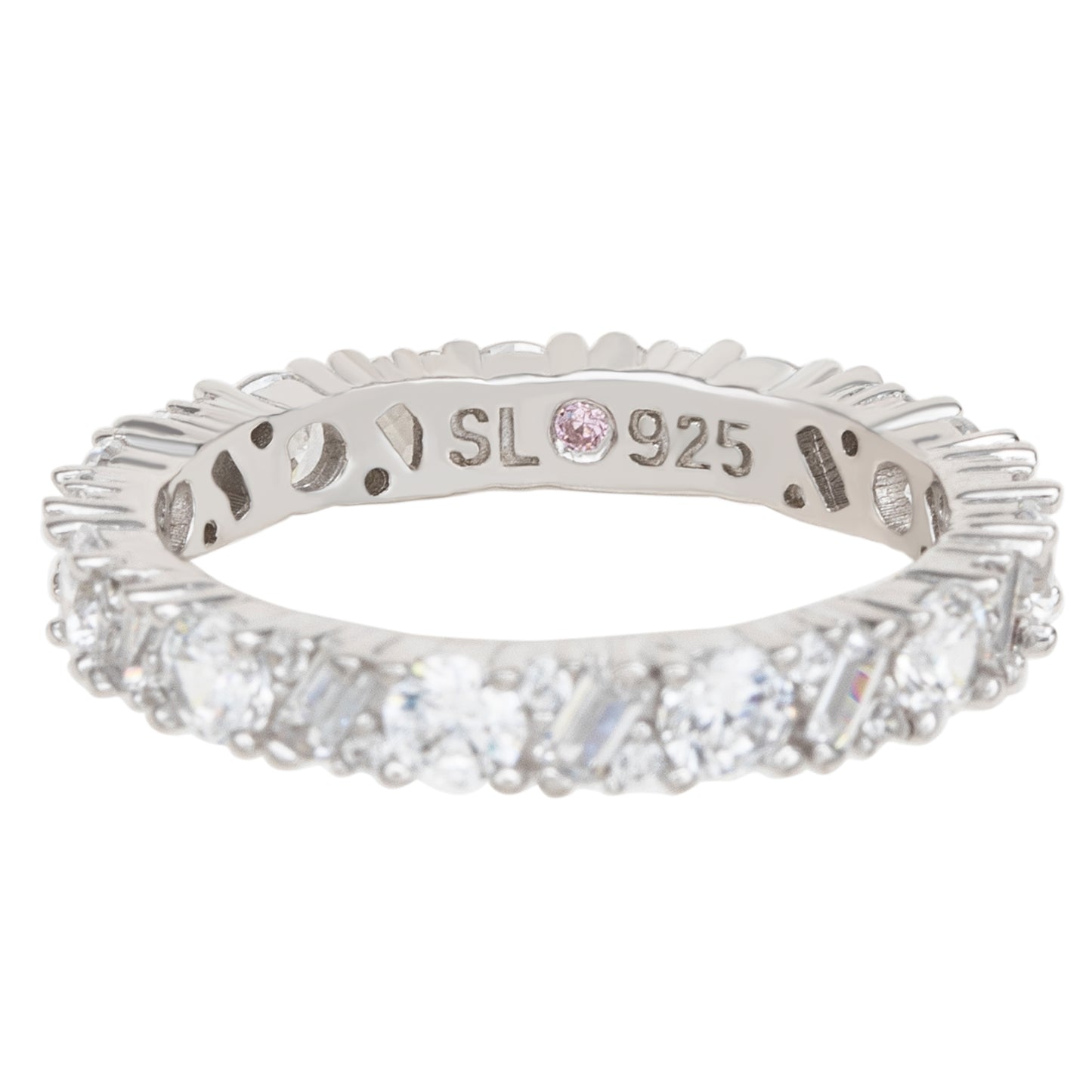 Suzy Levian Sterling Silver White Cubic Zirconia Round Baguette Alternating Eternity Band