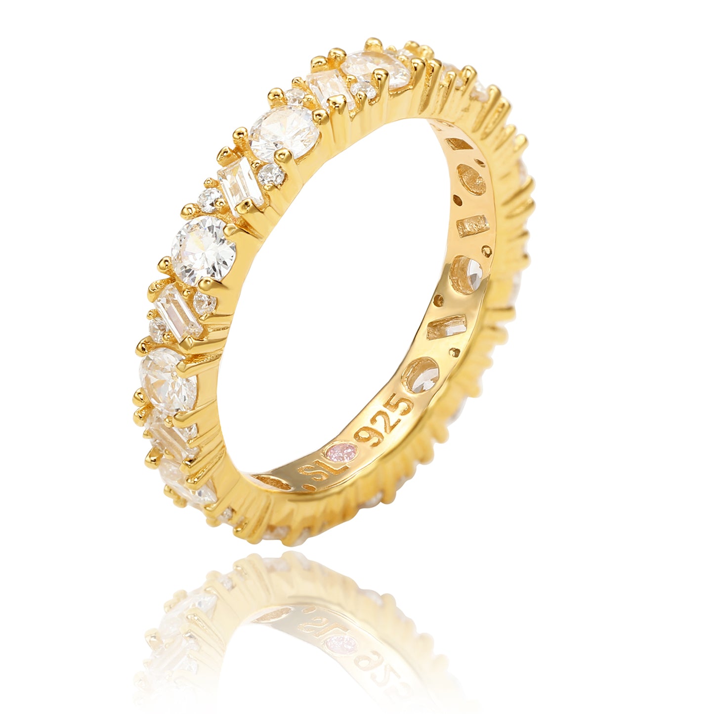 Suzy Levian Yellow Sterling Silver White Cubic Zirconia Round Baguette Alternating Eternity Band