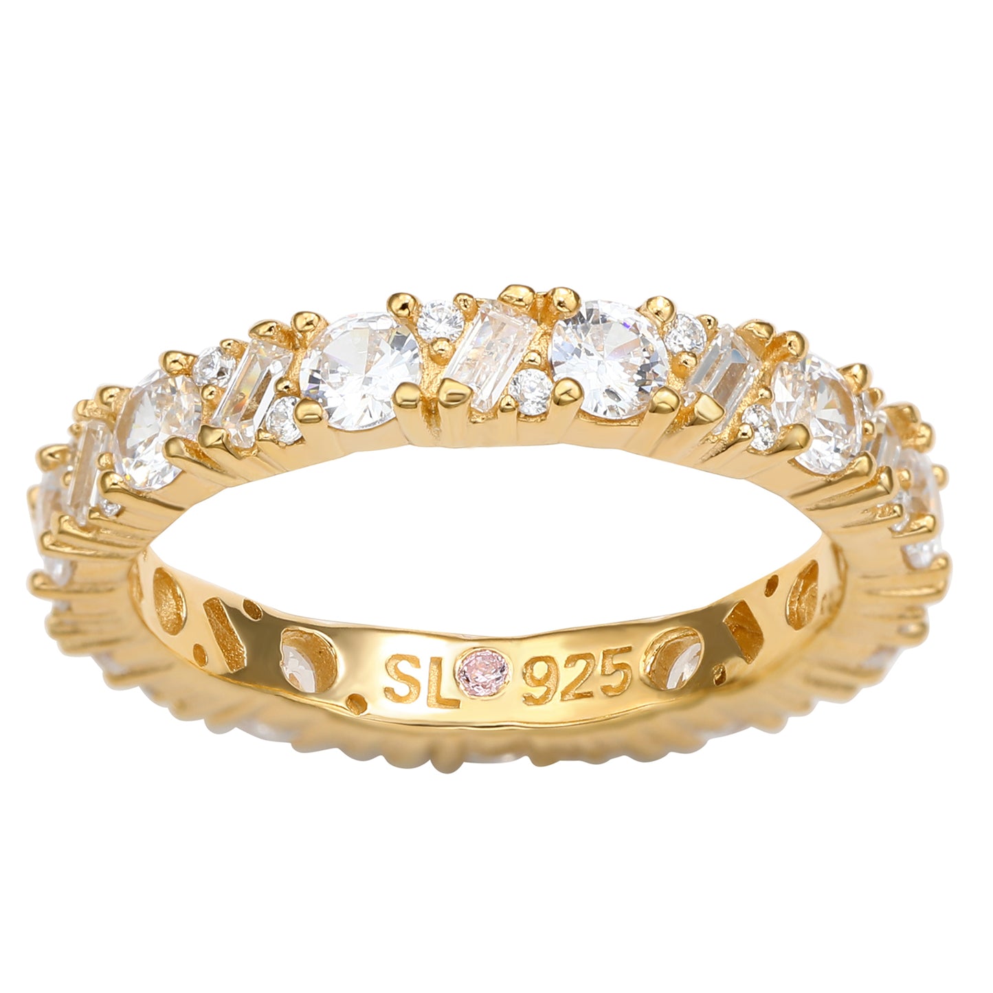 Suzy Levian Yellow Sterling Silver White Cubic Zirconia Round Baguette Alternating Eternity Band