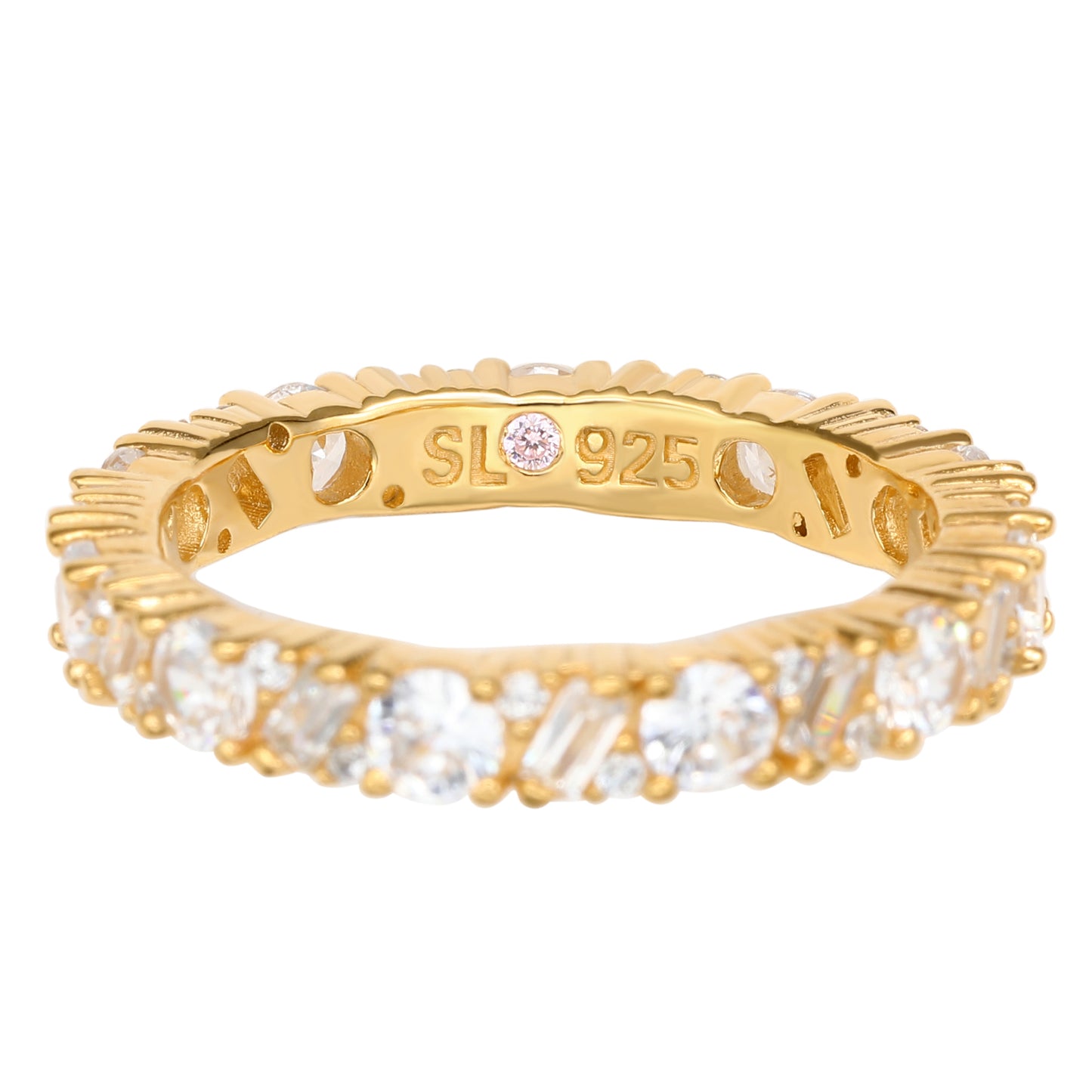 Suzy Levian Yellow Sterling Silver White Cubic Zirconia Round Baguette Alternating Eternity Band