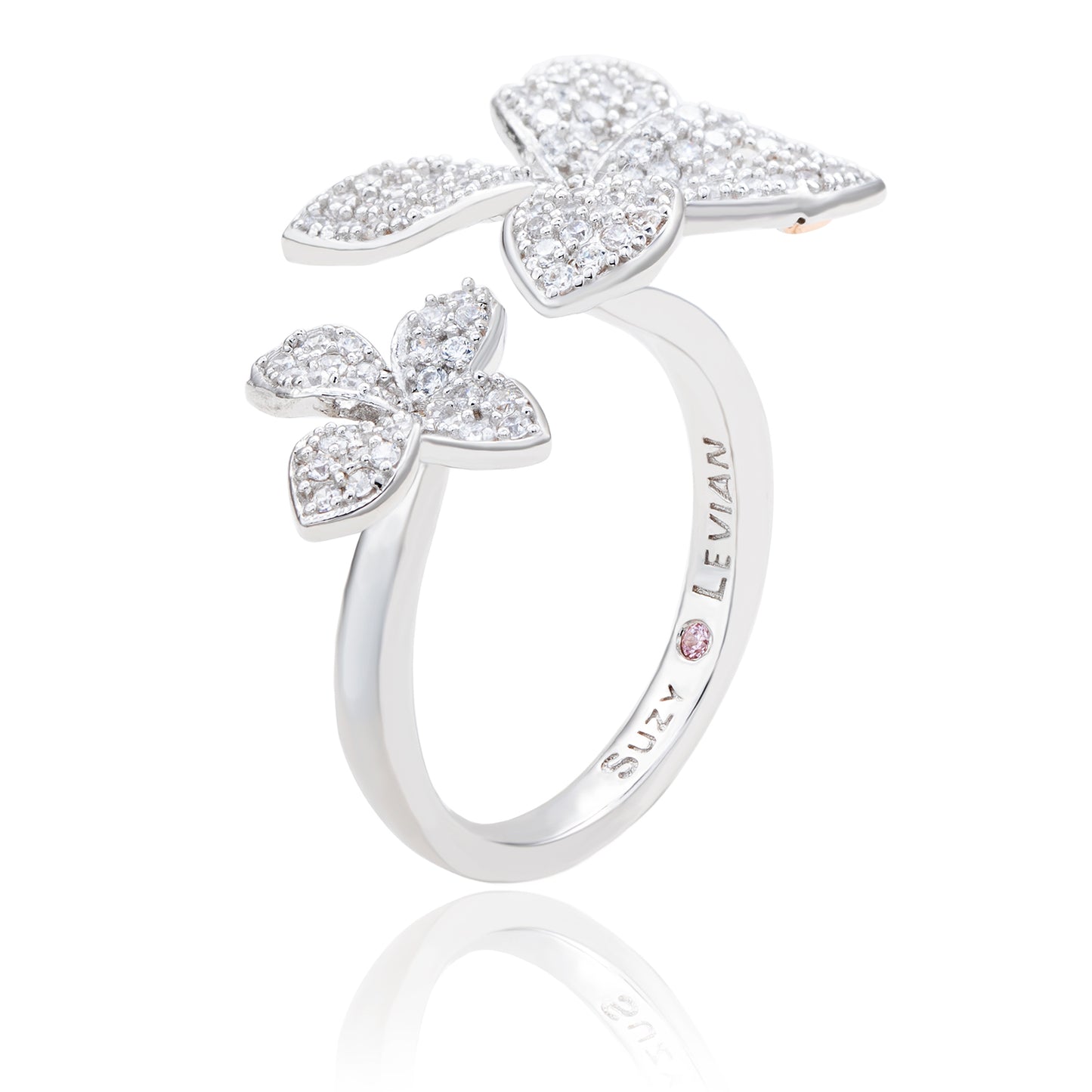 Suzy Levian Sterling Silver Cubic Zirconia Between The Finger Double Flower Ring