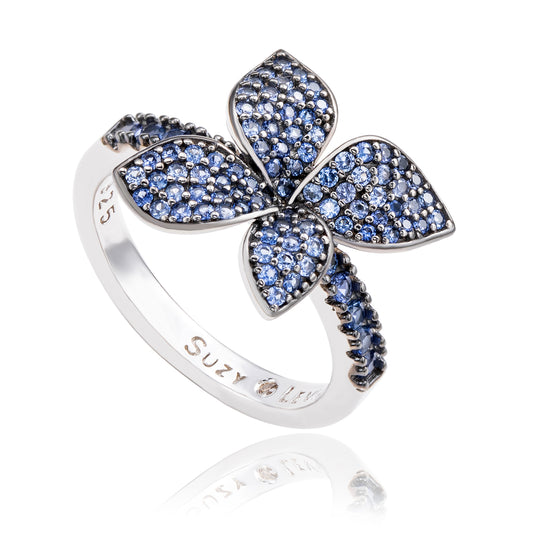 Suzy Levian Black Sterling Silver Blue Sapphire Flower Ring