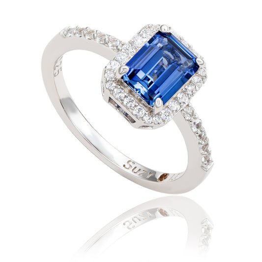 Suzy Levian Sterling Silver Emerald Cut Blue Sapphire & Diamond Accent Halo Ring